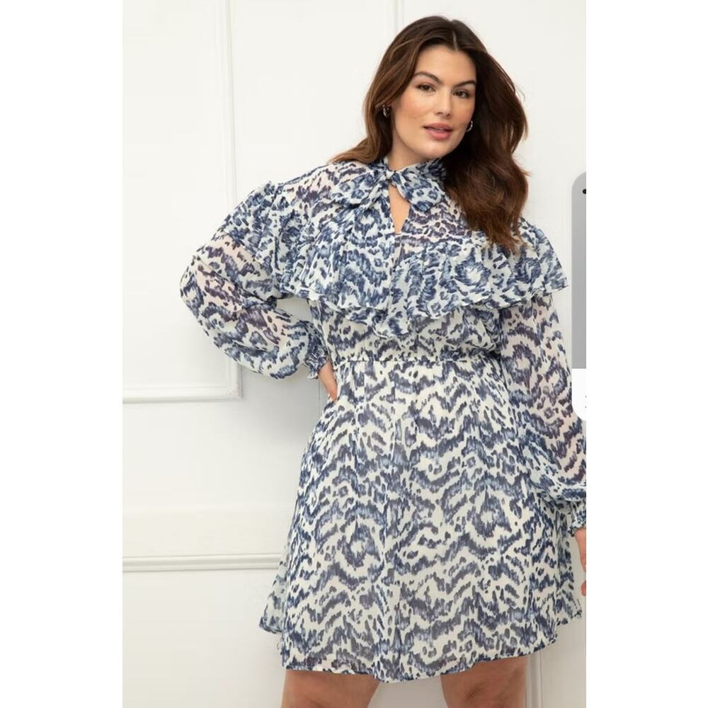Eloquii Blue and White Printed Ruffle Midi Dress